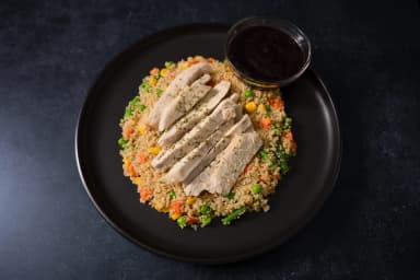 Pork in blueberry sauce with special quinoa