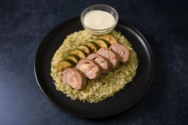 Turkey roll, cilantro rice and sautéed zucchini