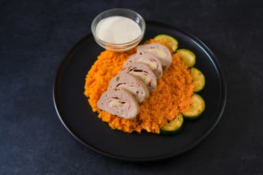 Turkey roll with sautéed cauliflower and zucchini yellow rice