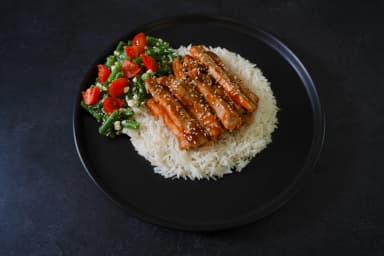 Bbq pork with rice and feta salad